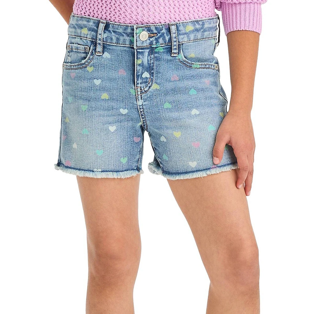 Girl's Heart-Print Cutoff Jean Shorts