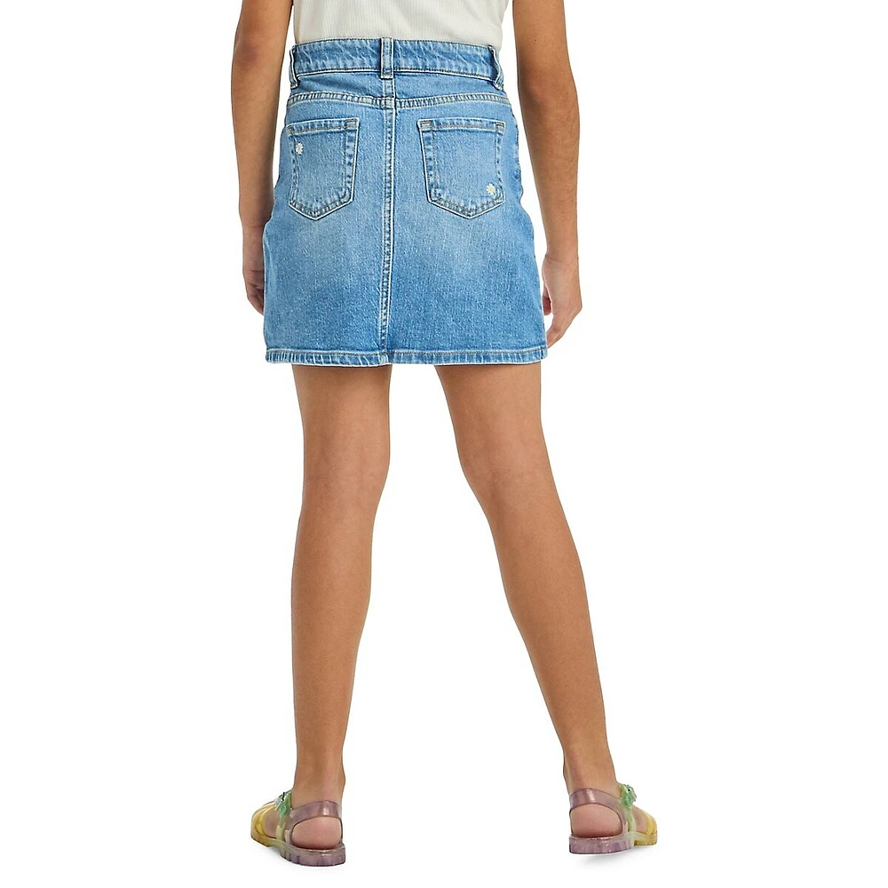 Girl's High-Rise Daisy Embroidered Jean Skirt