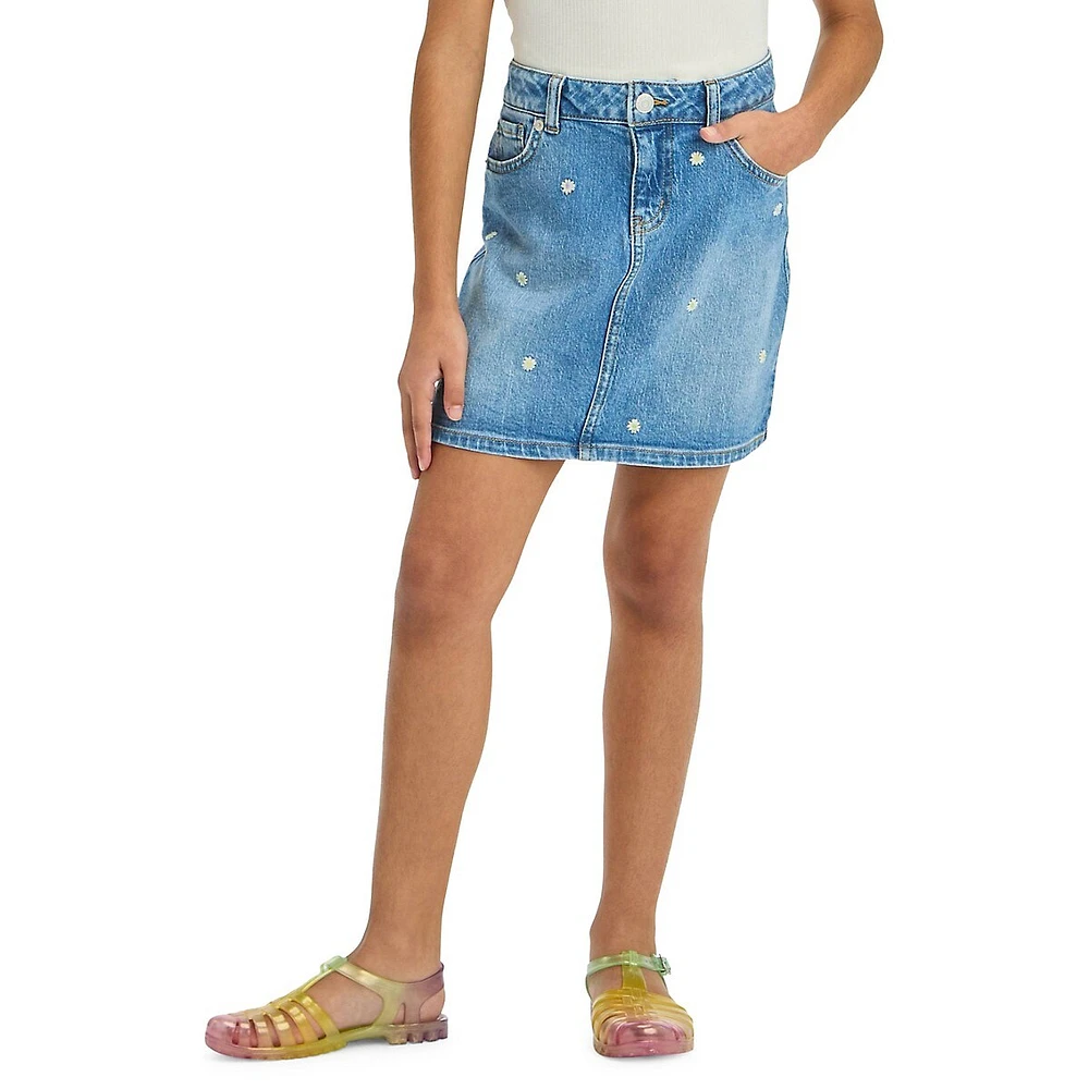 Girl's High-Rise Daisy Embroidered Jean Skirt