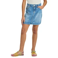 Girl's High-Rise Daisy Embroidered Jean Skirt