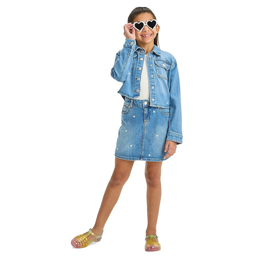 Girl's High-Rise Daisy Embroidered Jean Skirt