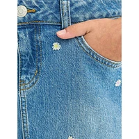 Girl's High-Rise Daisy Embroidered Jean Skirt