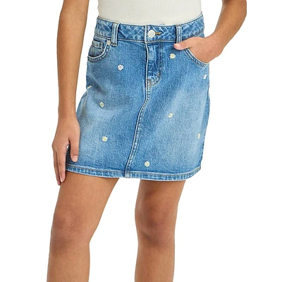 Girl's High-Rise Daisy Embroidered Jean Skirt