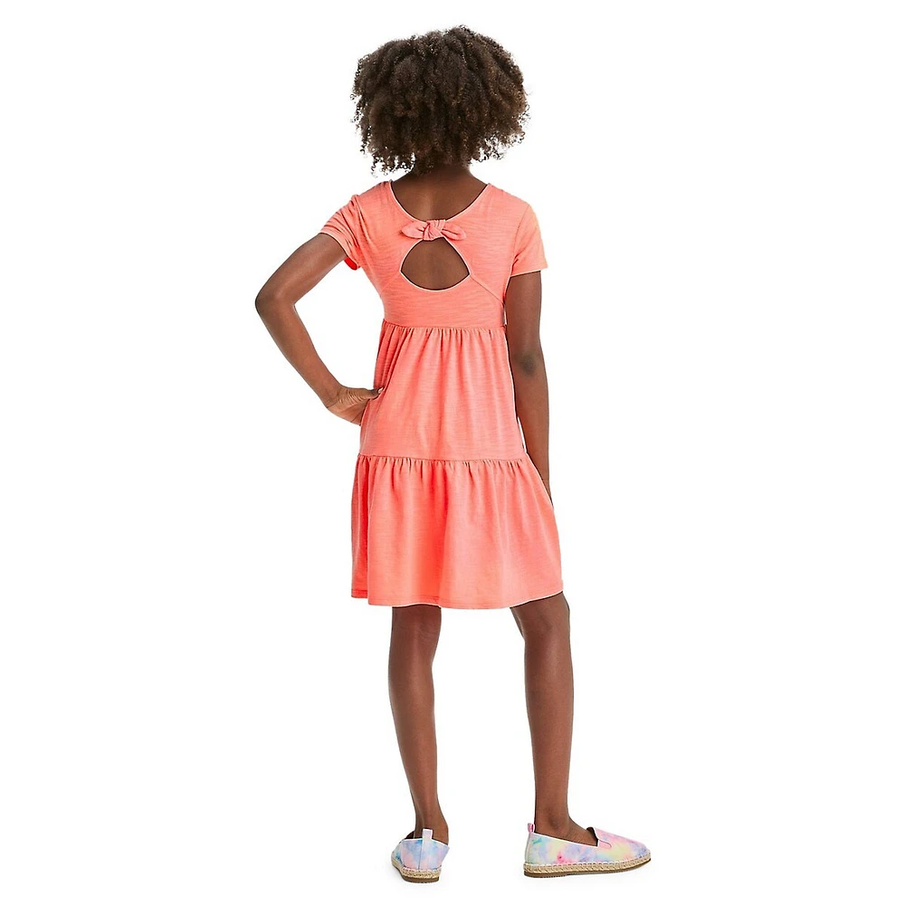 Girl's Short-Sleeve Keyhole-Back Tiered Dress