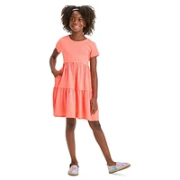 Girl's Short-Sleeve Keyhole-Back Tiered Dress