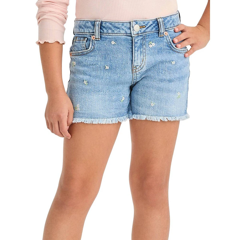 Girl's Mid-Rise Cut-Off Floral Embroidery Jean Shorts