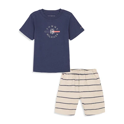 Little Boy's 2-Piece Logo T-Shirt & Striped Shorts Set