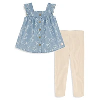 Little Girl's 2-Piece Flutter-Sleeve Blouse & Leggings Set