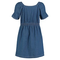 Girl's Squareneck Puff-Sleeve Denim Dress