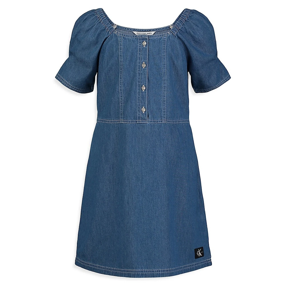 Girl's Squareneck Puff-Sleeve Denim Dress