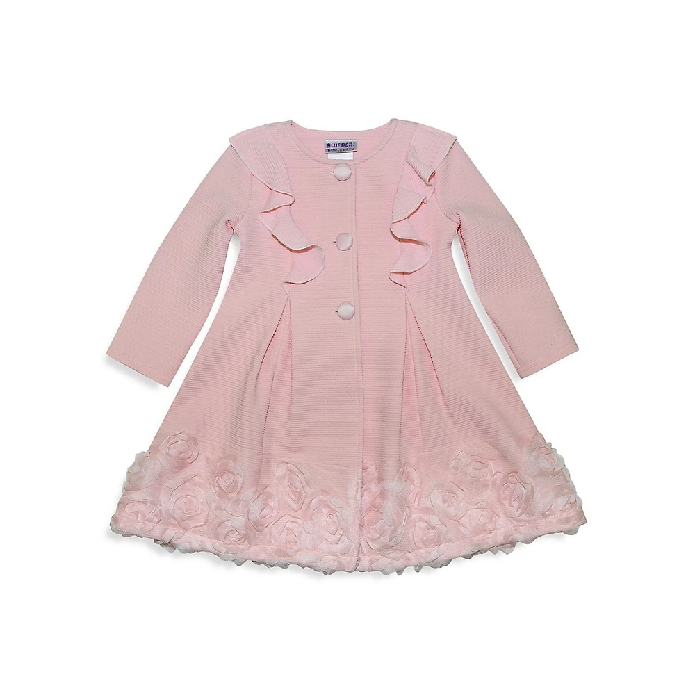 Little Girl's Fit-&-Flare Sparkle Overlay Dress & Ruffled Rosette Border Coat