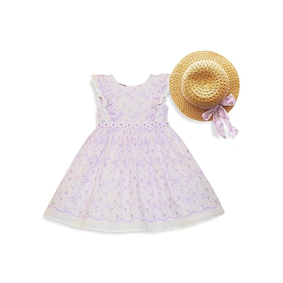 Toddler's Floral Embroidered Eyelet Ruffle-Trim Dress & Ribbon Trim Sun Hat