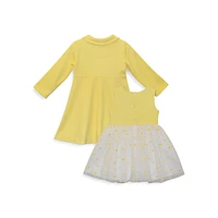 Little Girl's Fit-&-Flare Daisy Overlay Dress & Daisy-Button Pleated Coat