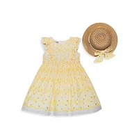 Little Girl's Floral Embroidered Eyelet Ruffle-Trim Dress & Ribbon Trim Sun Hat