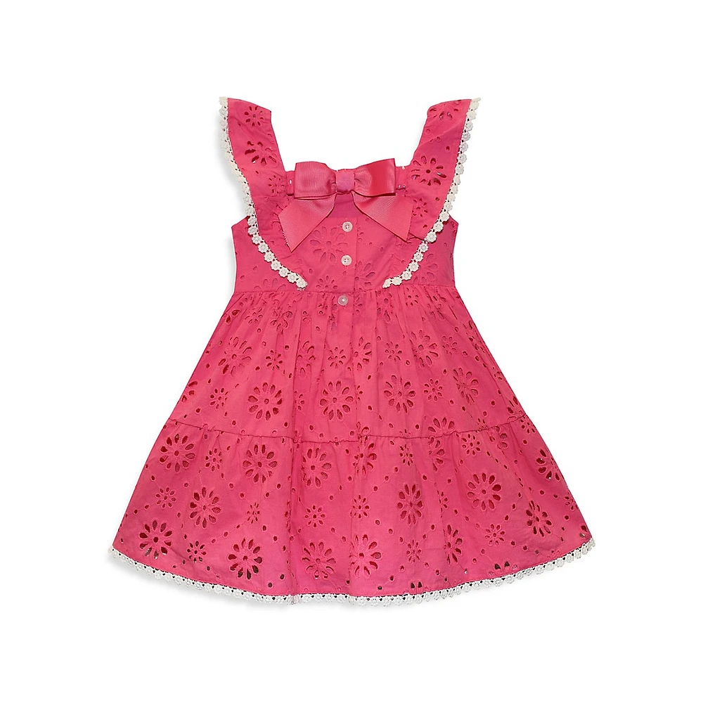 Little Girl's Ruffled Daisy-Trim Floral Print Dress & Ribbon Trim Sun Hat