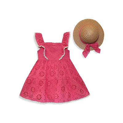 Little Girl's Ruffled Daisy-Trim Floral Print Dress & Ribbon Trim Sun Hat