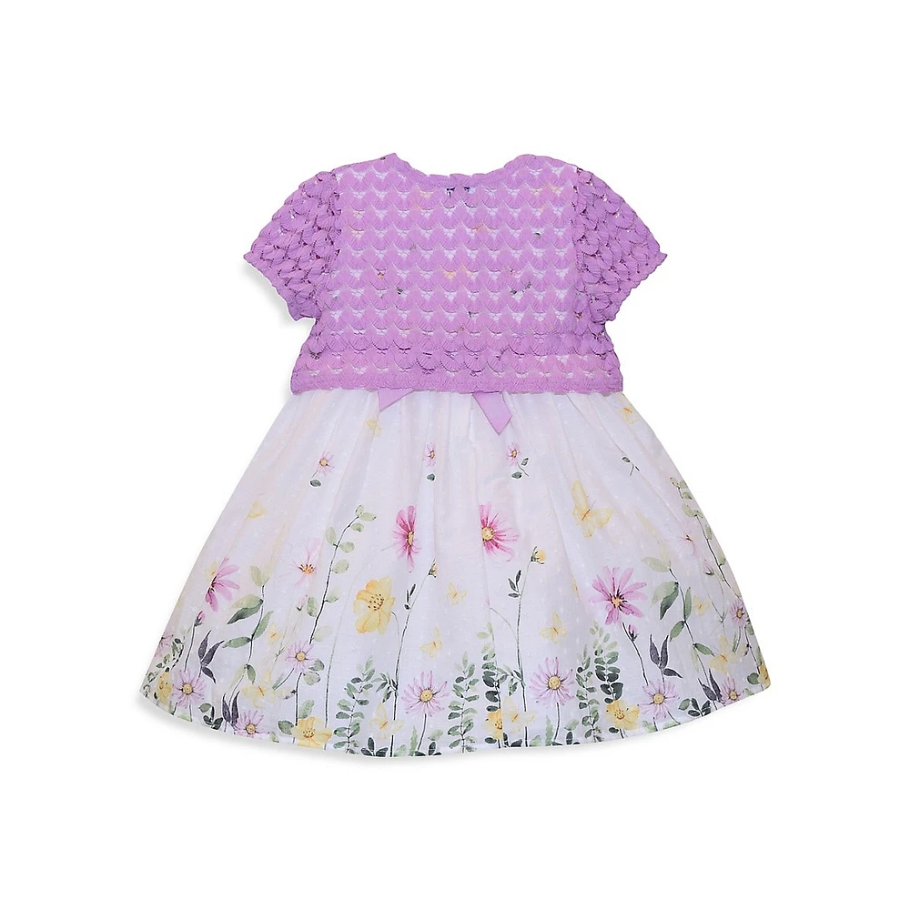 Little Girl's Fit-&-Flare Floral Border Dress & Knit Shrug