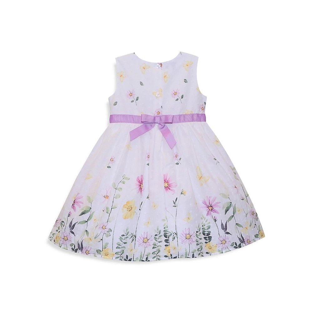 Little Girl's Fit-&-Flare Floral Border Dress & Knit Shrug