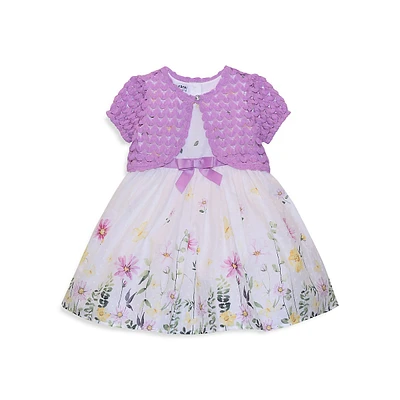 Little Girl's Fit-&-Flare Floral Border Dress & Knit Shrug