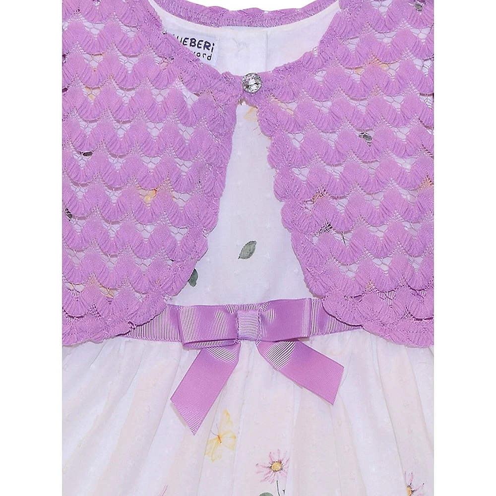 Little Girl's Fit-&-Flare Floral Border Dress & Knit Shrug