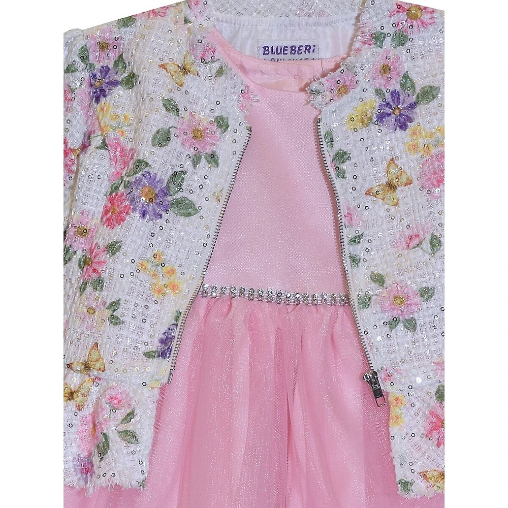 Little Girl's Fit-&-Flare Ruffle-Hem Tulle Dress & Sequin Floral Peplum Jacket