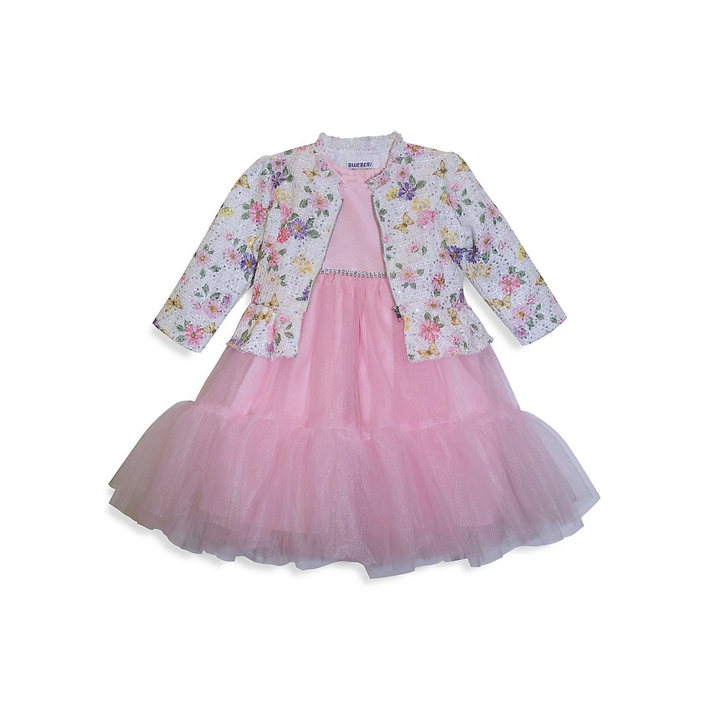 Toddler's Fit-&-Flare Ruffle-Hem Tulle Dress & Sequin Floral Peplum Jacket