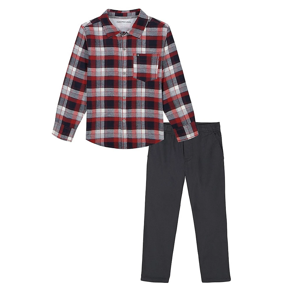 Little Boy's 2-Piece Plaid Shirt & Twill Pants Set