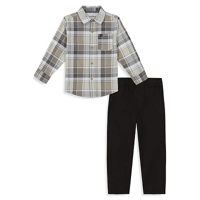 Little Boy's 2-Piece Plaid Shirt & Twill Pants Set