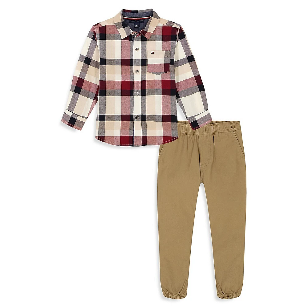 Little Boy's 2-Piece Plaid Shirt & Chino Jogger Pants