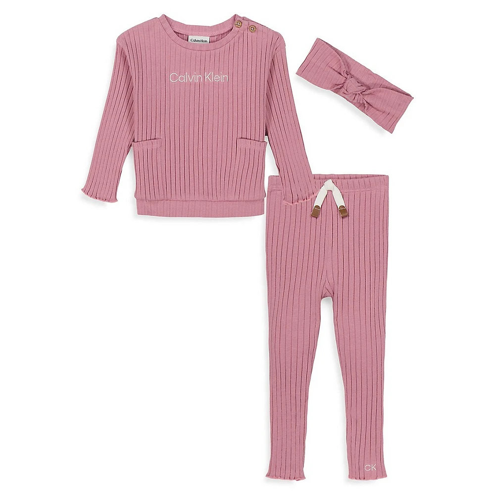 Baby Girl's Chunky Soft Ribbed Knit Top, Pants & Headband Set