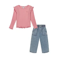 Little Girl's 2-Piece Flutter-Trim Top & Denim Paperbag Jeans