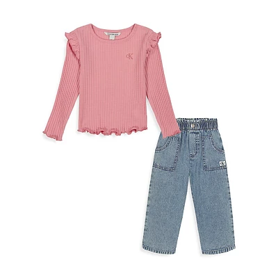 Little Girl's 2-Piece Flutter-Trim Top & Denim Paperbag Jeans