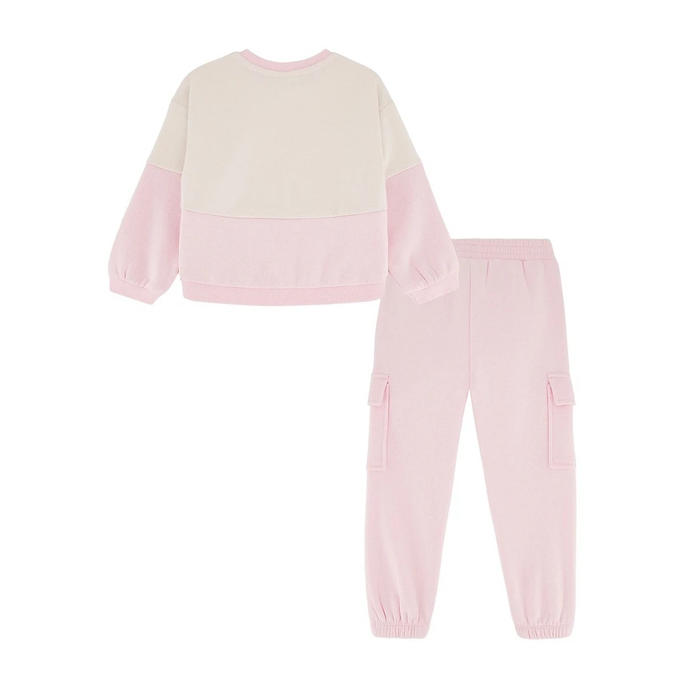 Little Girl's 2-Piece Fleece Colourblock Crewneck Sweatshirt & Cargo Joggers Set