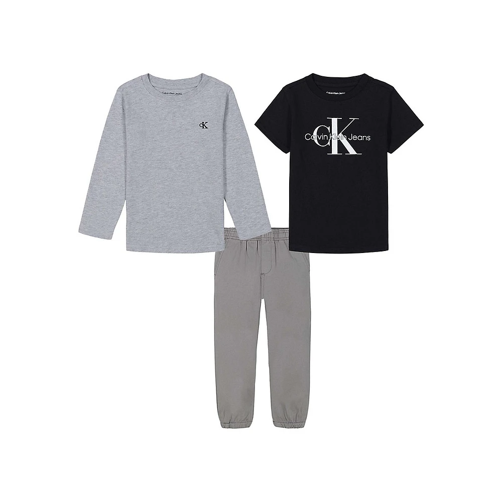 Little Boy's 2 T-Shirts & Poplin Joggers 3-Piece Set