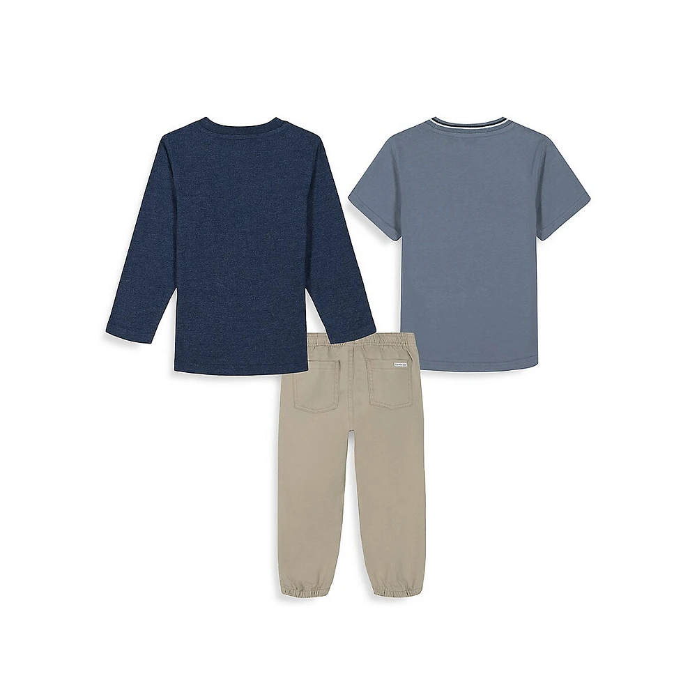 Little Boy's 3-Piece Poplin Joggers, Long and Short-Sleeve T-Shirts