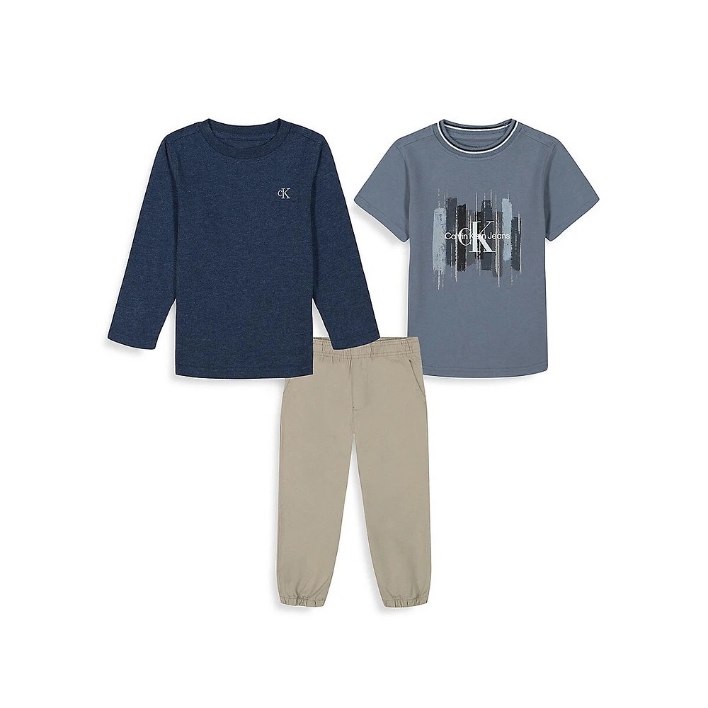 Little Boy's 3-Piece Poplin Joggers, Long and Short-Sleeve T-Shirts