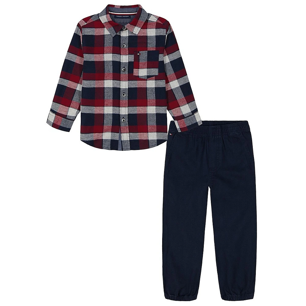 Little Boy's 2-Piece Plaid Shirt & Chino Jogger Pants