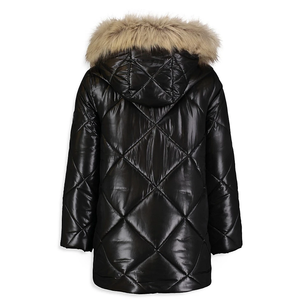 Girl's Aerial Faux Fur Trim-Hooded Quilted Jacket