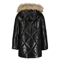 Girl's Aerial Faux Fur Trim-Hooded Quilted Jacket