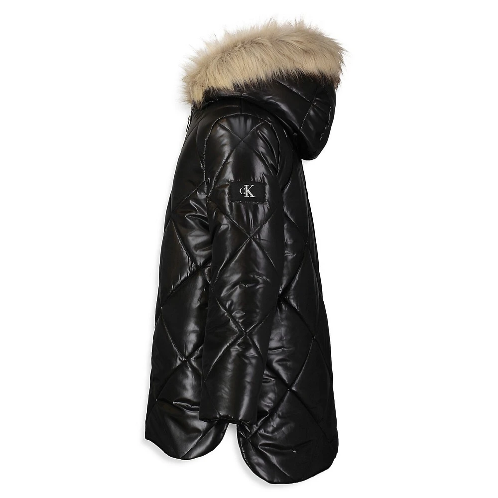 Girl's Aerial Faux Fur Trim-Hooded Quilted Jacket