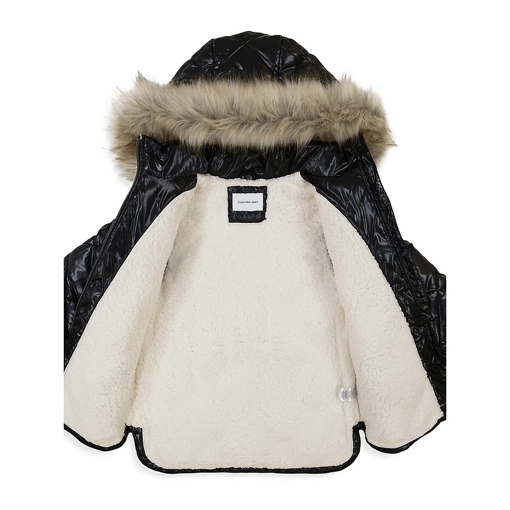 Girl's Aerial Faux Fur Trim-Hooded Quilted Jacket