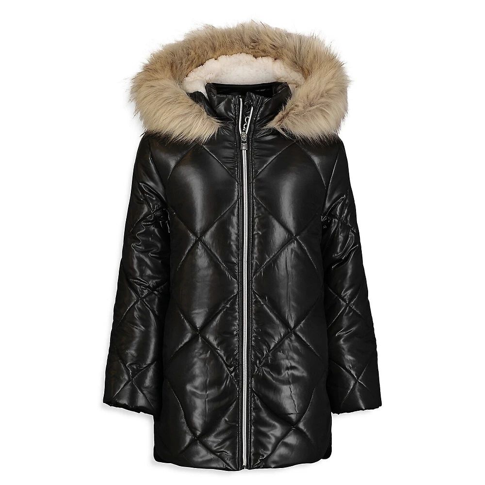 Girl's Aerial Faux Fur Trim-Hooded Quilted Jacket