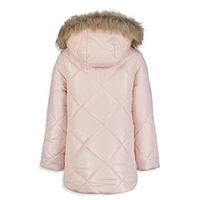 Girl's Aerial Faux Fur Trim-Hooded Quilted Jacket