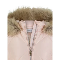 Girl's Aerial Faux Fur Trim-Hooded Quilted Jacket