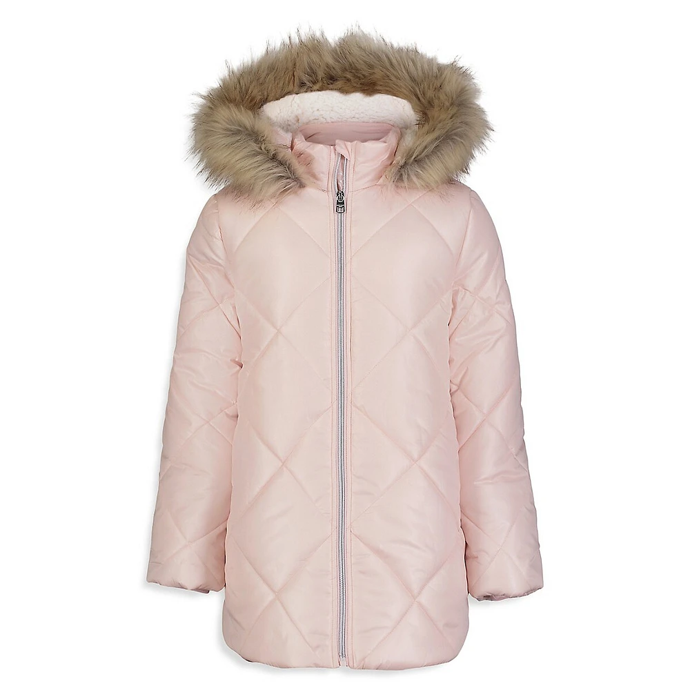 Girl's Aerial Faux Fur Trim-Hooded Quilted Jacket