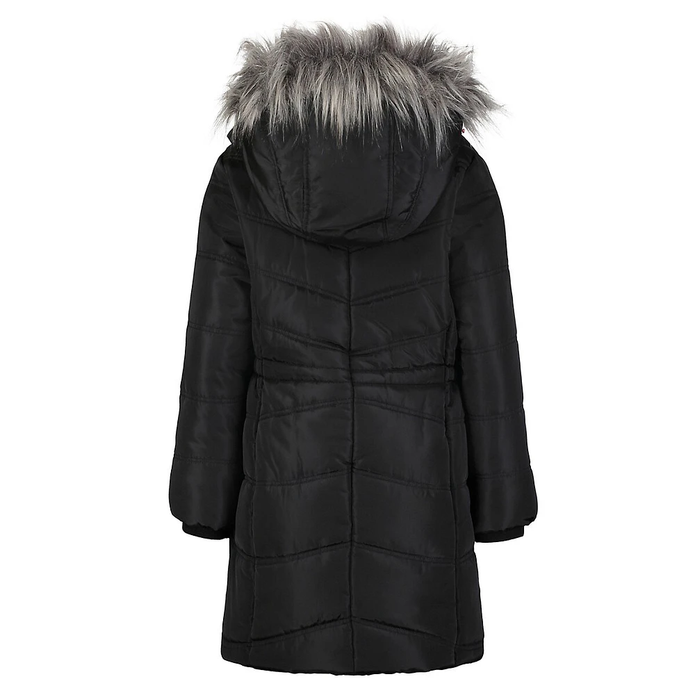 Little Girl's Aerial Faux Fur-Trim Hooded Long Puffer Coat