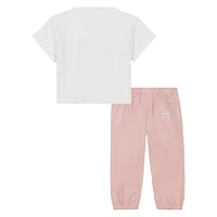 Ensemble 2 pièces pour petite fille avec t-shirt boxy à logo et pantalon ample en sergé extensible