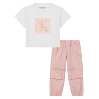 Ensemble 2 pièces pour petite fille avec t-shirt boxy à logo et pantalon ample en sergé extensible