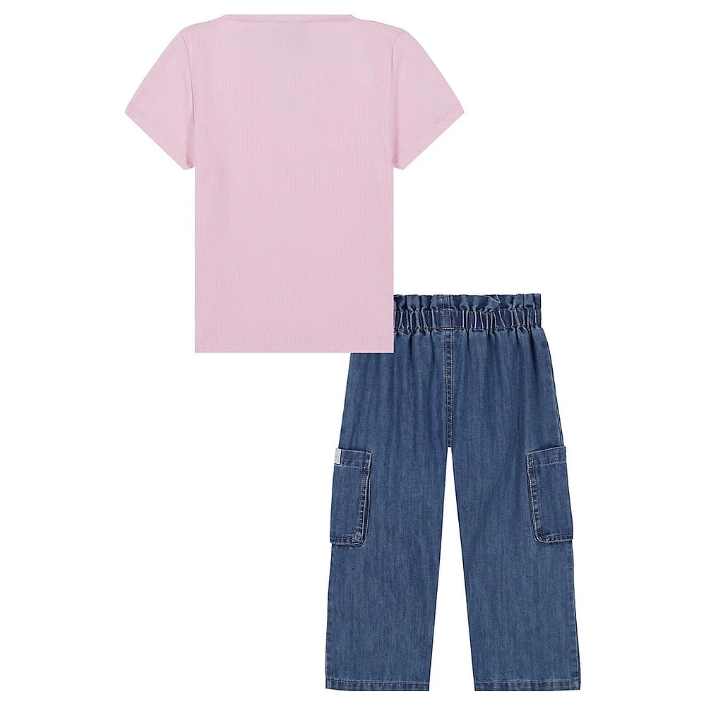 Little Girl's 2-Piece Ribbed Squareneck T-Shirt & Wide-Leg Jeans Set