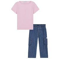 Little Girl's 2-Piece Ribbed Squareneck T-Shirt & Wide-Leg Jeans Set